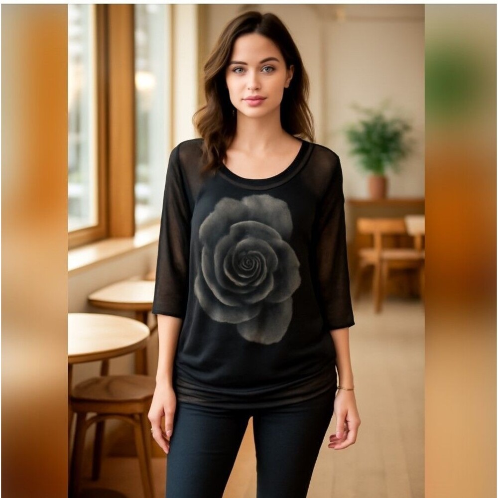 Clotheshead Womens Top M Black Rose Graphic Sheer Mesh Sleeve High Low Ruched